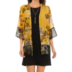 Sandra Darren Attached Floral Kimono A-Line Dress Yellow and Black